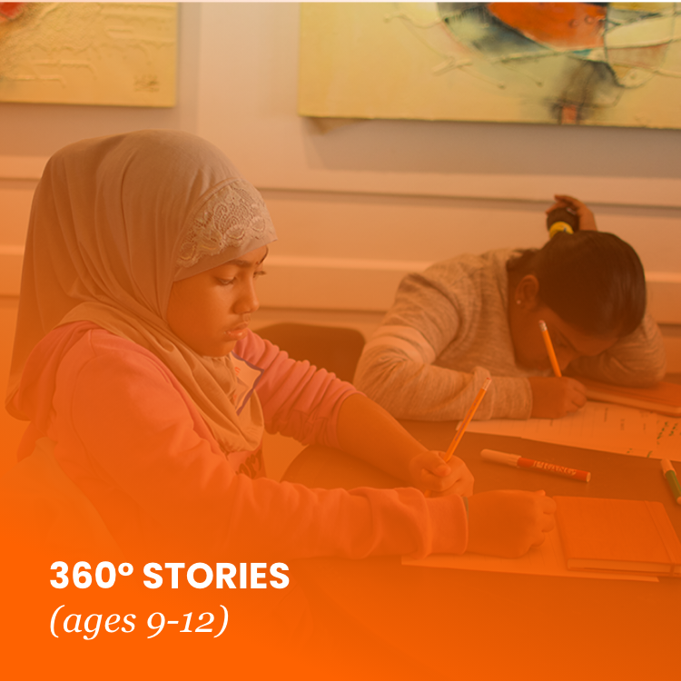 Two young girls sit by a table, writing in their notebooks. Overtop the image are the words: 360° Stories - ages 9 to 12.