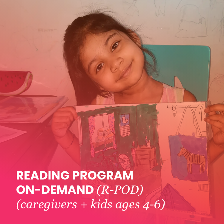 A young girl looks at the camera smiling and holding up her artwork. Overtop the image are the words: Reading Program On-Demand (R-POD) - caregivers and kids ages 4 to 6.