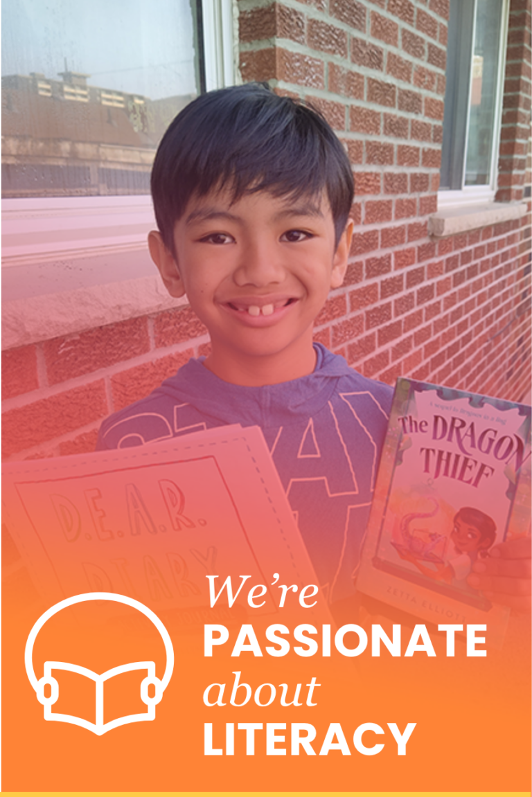 A smiling boy holds up two books: The Dragon Thief in one hand and a D.E.A.R. Diary activity journal in the other. His excitement for reading is evident as he proudly displays the books