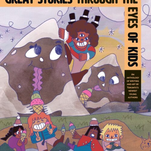 The front cover of the anthology titled “Great Stories through the Eyes of Kids. The page is illustrated with a giant standing between two mountains.