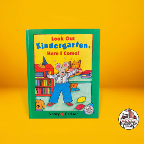 A book stands in front of an orange background. The book title is “Look Out Kindergarten, Here I Come!”