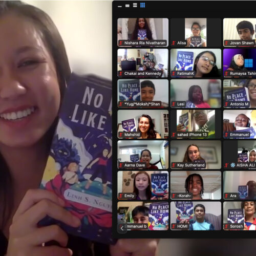 A screenshot of author Linh S. Nguyen with a group of kids on Zoom. She holds up a copy of her book, “No Place Like Home.”