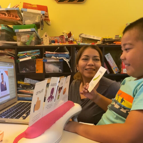 A mother and her son sit in front of a laptop, engaging in a reading activity together. The boy holds up a cue card with a pickle on it, and the mother looks at him, smiling.