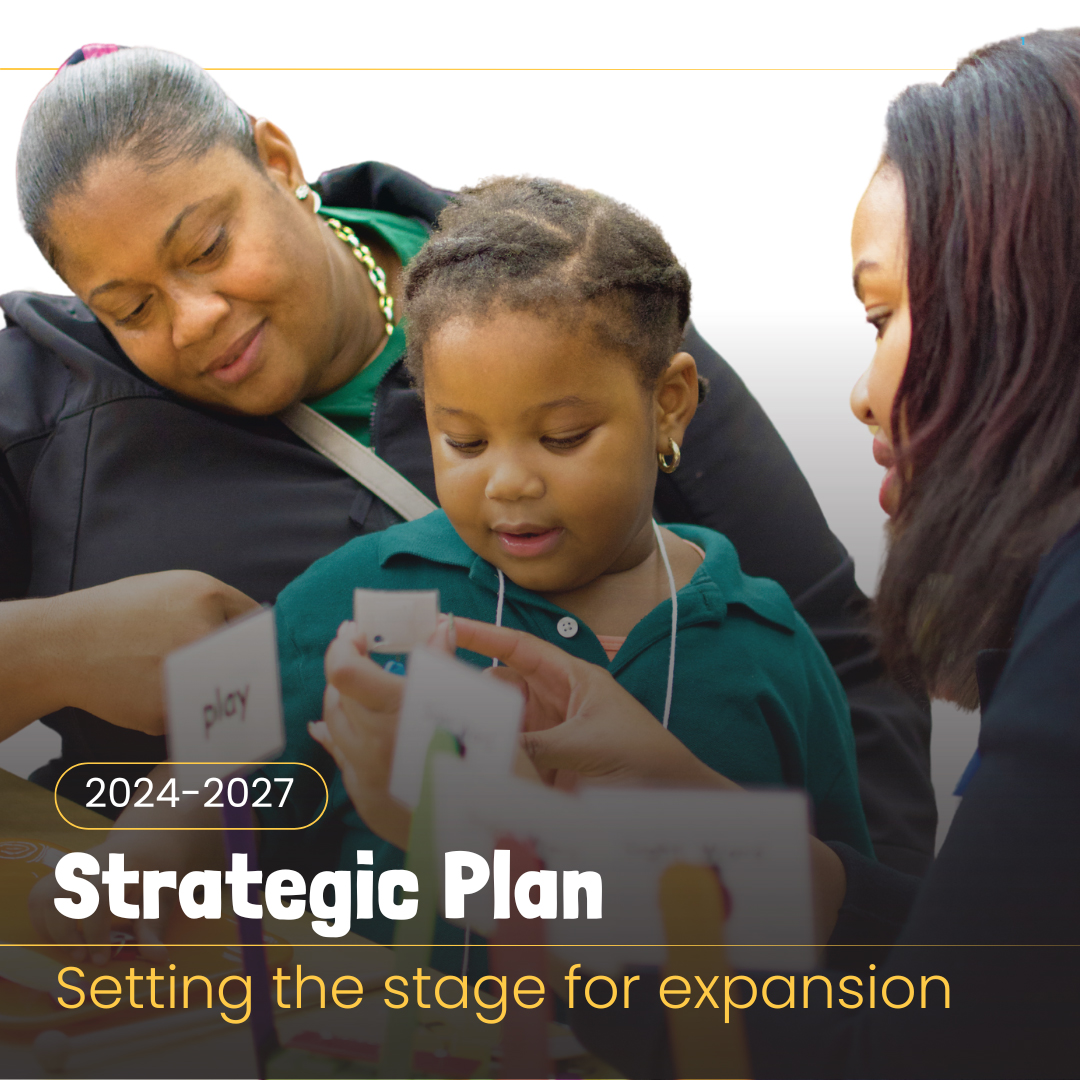 Front cover of the 2024-2027 strategic plan. A photograph of Camesha Cox engaging with a mother and daughter sits behind text that reads: 2024-2027 Strategic Plan - Setting the stage for expansion.