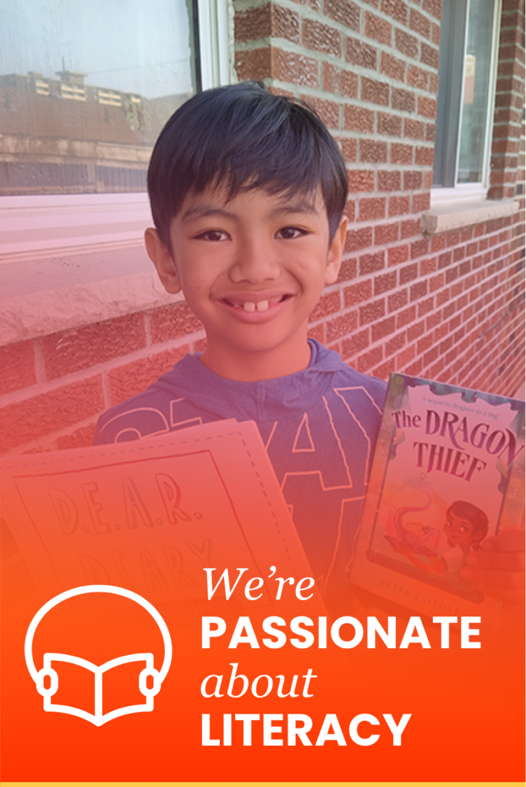 A smiling boy holds up two books: The Dragon Thief in one hand and a D.E.A.R. Diary activity journal in the other. His excitement for reading is evident as he proudly displays the books